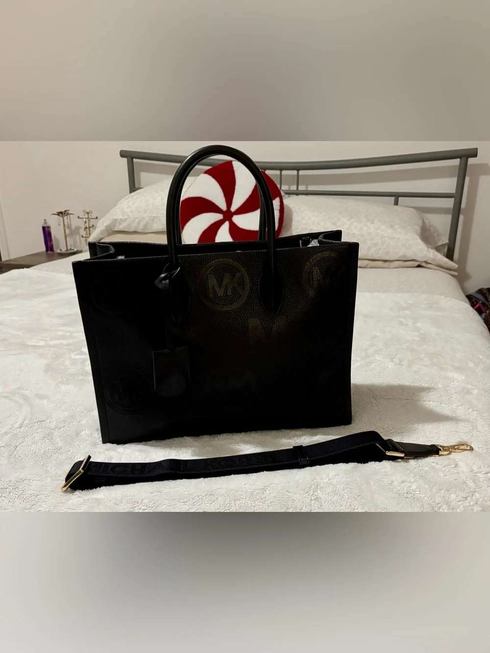 Michael Kors Black Logo Embossed Leather Tote Bag